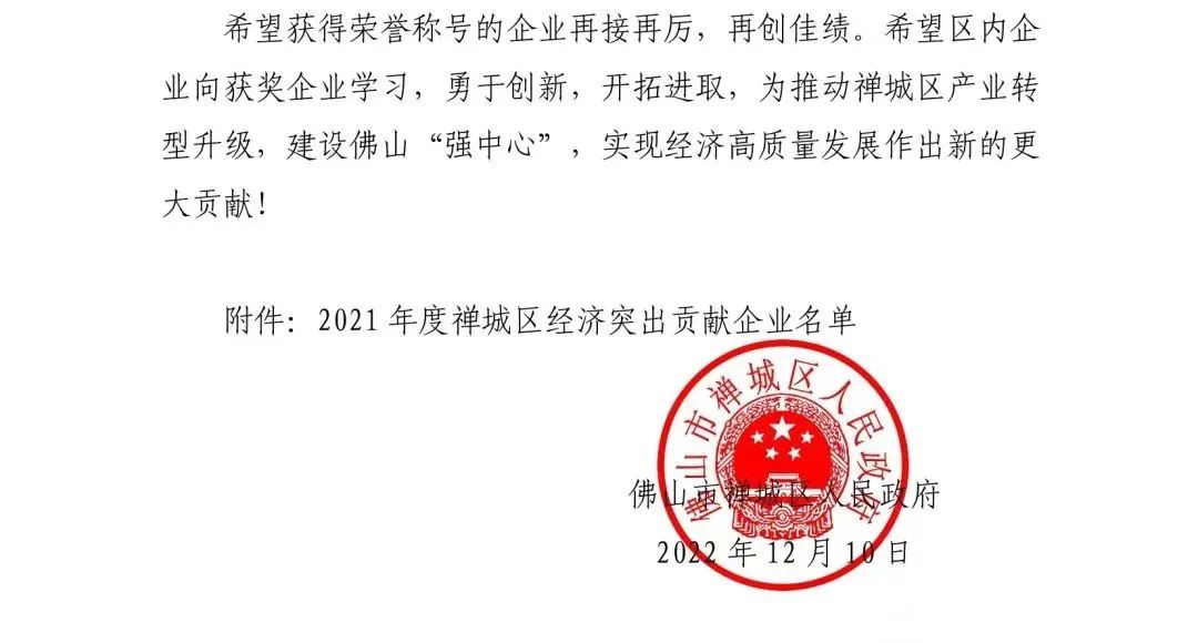 喜訊 |鷹牌榮獲“2021 年度禪城區(qū)經(jīng)濟(jì)突出貢獻(xiàn)企業(yè)”稱(chēng)號(hào)(圖2)